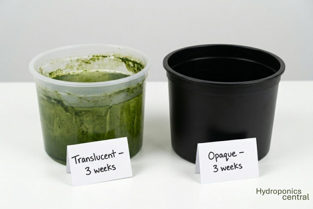 A translucent tower reservoir next to an opaque black one after three weeks of use, green algae coating the inside of the clear reservoir, clean water in the opaque one, showing why reservoir material matters