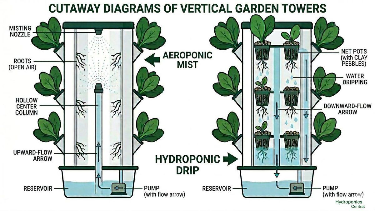 Aeroponic vs. hydroponic towers. How each system moves nutrients from the reservoir to the roots