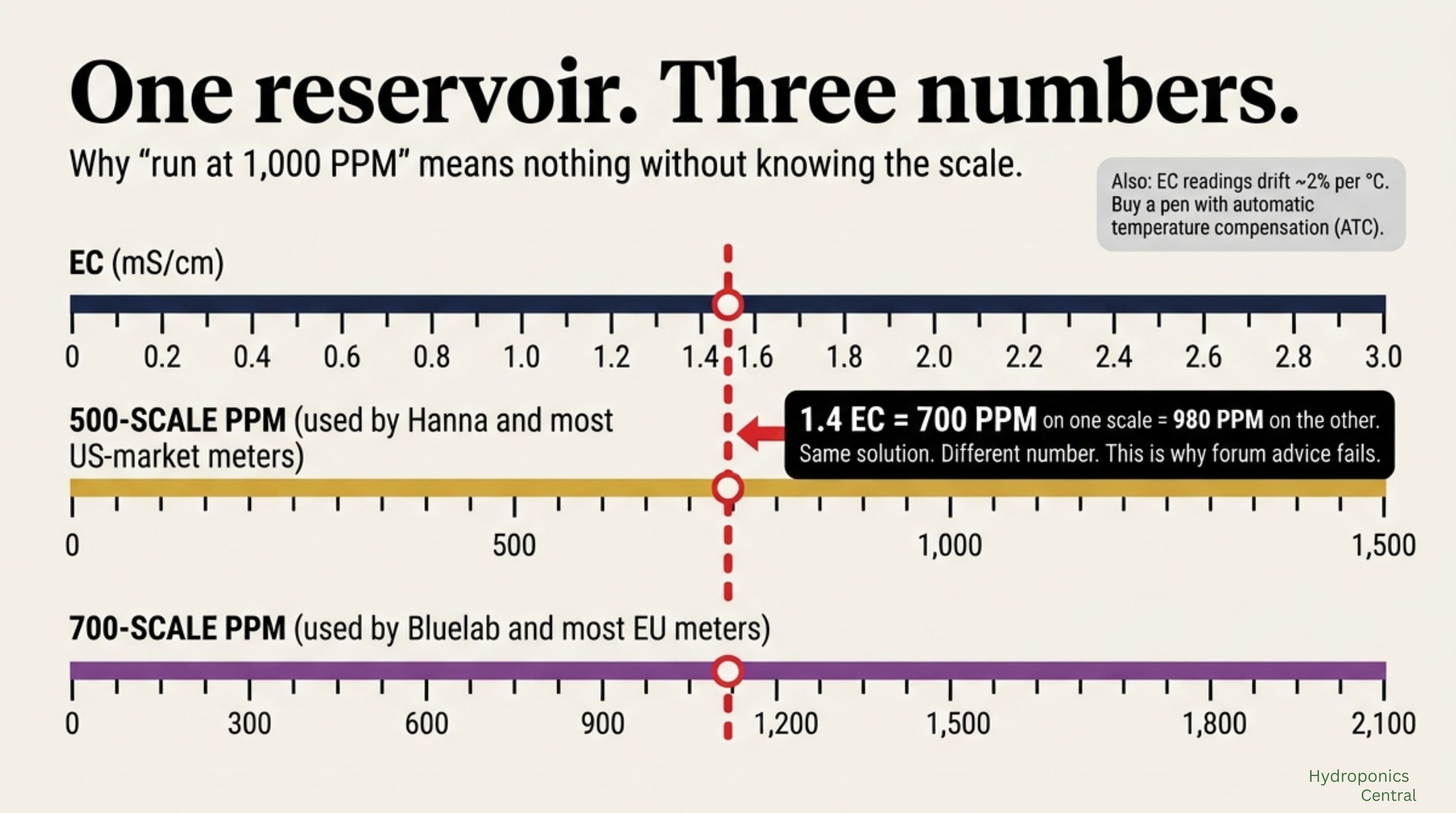 Editorial data-visualisation comparing an EC scale (0 to 3.0 mS/cm) with the 500-scale PPM used by Hanna and US-market meters and the 700-scale PPM used by Bluelab and EU meters, showing that an EC reading of 1.4 corresponds to 700 PPM on one scale and 980 PPM on the other