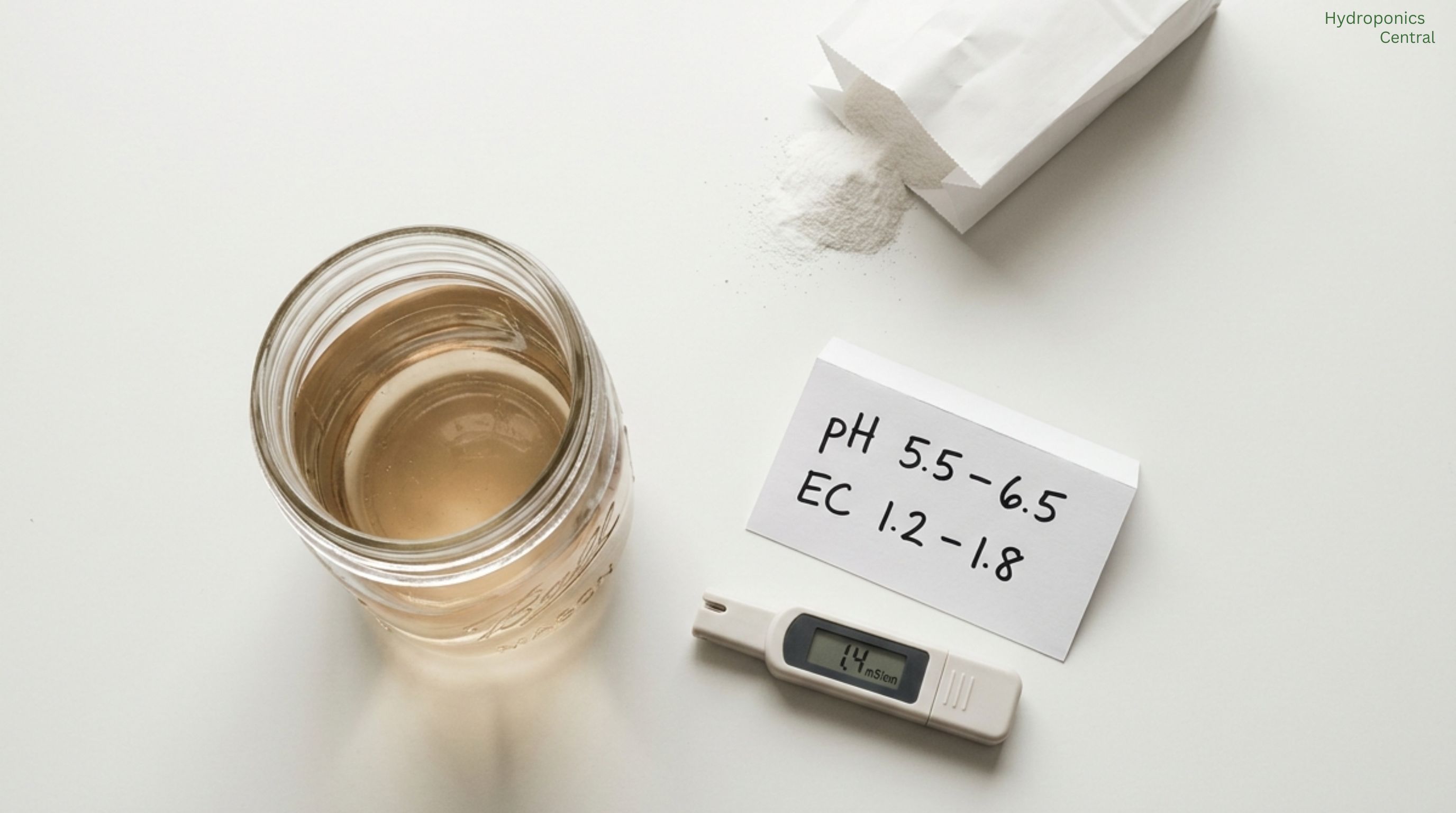 Overhead editorial photograph of a Mason jar of amber-tinted hydroponic nutrient solution beside a digital EC pen reading 1.4 mS/cm, a handwritten card noting pH 5.5–6.5 and EC 1.2–1.8, and a small white bag of spilled nutrient powder on a matte white surface