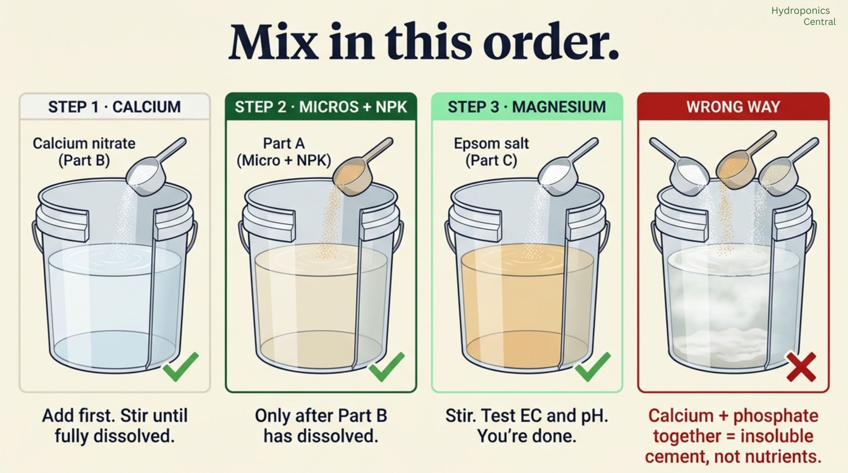 Four-panel editorial infographic showing the correct hydroponic nutrient mixing order: Step 1 calcium nitrate goes into clear water, Step 2 Part A micros and NPK is added after Part B dissolves, Step 3 Epsom salt magnesium goes in last, and a fourth Wrong Way panel showing all three powders dumped in at once producing a cloudy white calcium-phosphate precipitate