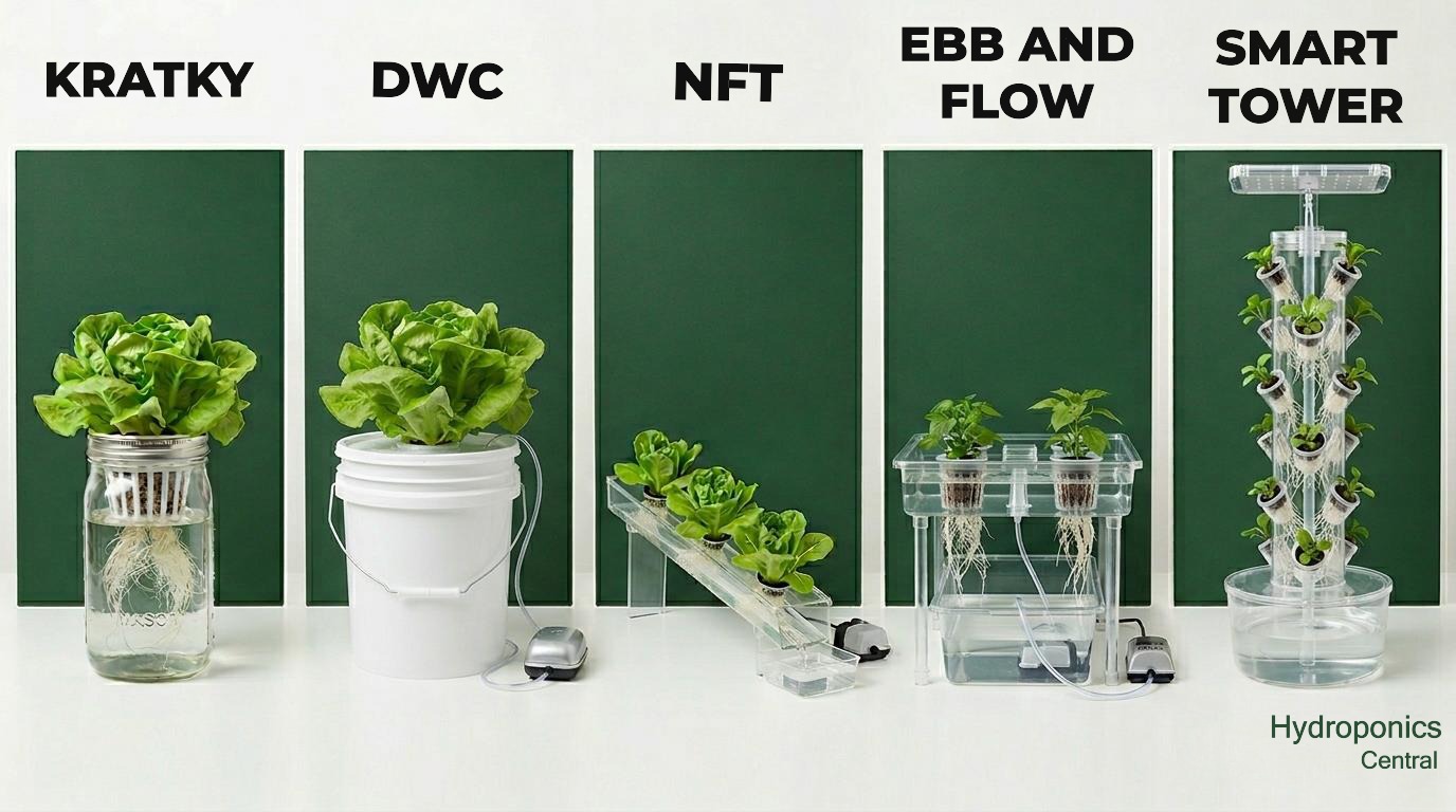 Comparison diagram of five indoor hydroponic garden systems, Kratky jar, DWC bucket, NFT channel, ebb and flow tray, and smart vertical tower, showing size, components, and complexity level